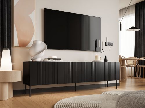 Mobile porta TV Trofa, Madia da salotto con quattro ante battenti e quattro vani interni, Rialzato da terra, 201x42 h60 cm, Nero