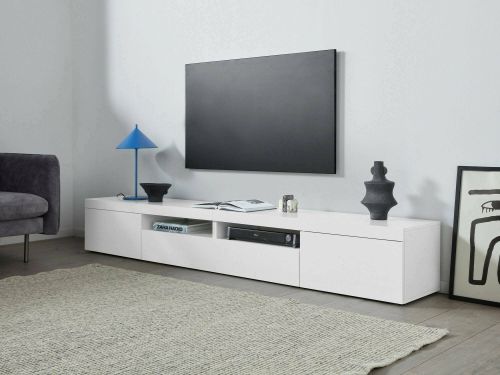 Mobile porta TV Ulisse, Credenza bassa da soggiorno a 3 ante, Base porta TV, 240x40h35 cm, Bianco lucido
