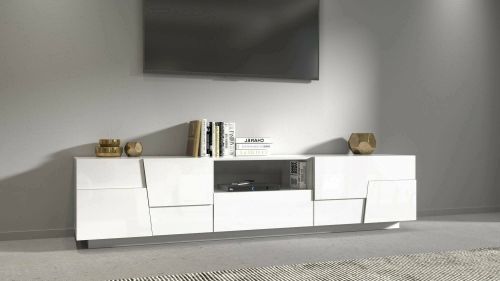 Mobile porta TV Vanni, Credenza bassa da soggiorno con 4 ante e 1 cassetto, Base porta TV, 220x44h46 cm, Bianco lucido