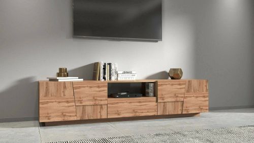 Mobile porta TV Vanni, Credenza bassa da soggiorno con 4 ante e 1 cassetto, Base porta TV, 220x44h46 cm, Rovere