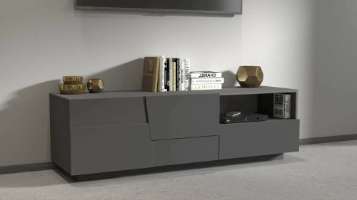 Mobile porta TV Velio, Credenza bassa da soggiorno con 2 ante e 1 cassetto, Base porta TV, 150x44h46 cm, Antracite