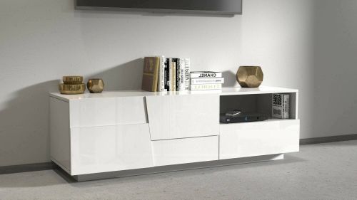 Mobile porta TV Velio, Credenza bassa da soggiorno con 2 ante e 1 cassetto, Base porta TV, 150x44h46 cm, Bianco lucido