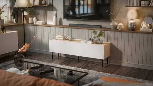 Mobile porta TV Vendas, Madia da salotto con tre ante battenti e tre vani interni, Rialzato da terra, 150x40 h52 cm, Beige e Rovere