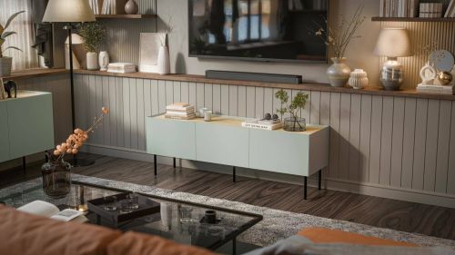 Mobile porta TV Vendas, Madia da salotto con tre ante battenti e tre vani interni, Rialzato da terra, 150x40 h52 cm, Verde e Rovere