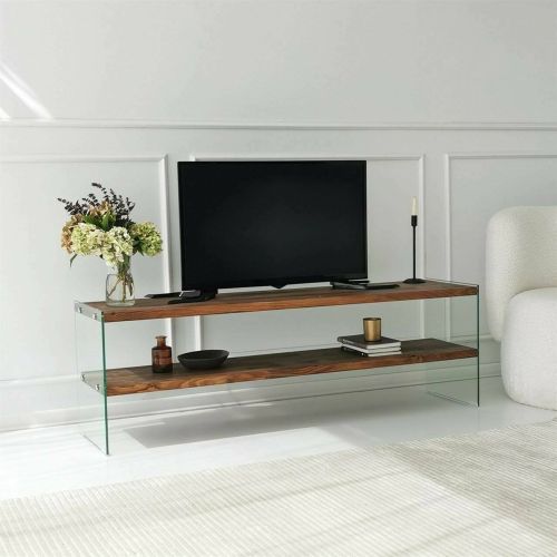 Mobile porta TV Vindemiatrix, Credenza da soggiorno, Armadio basso per TV, Base parete attrezzata, 140x35 h45 cm, Marrone e Trasparente