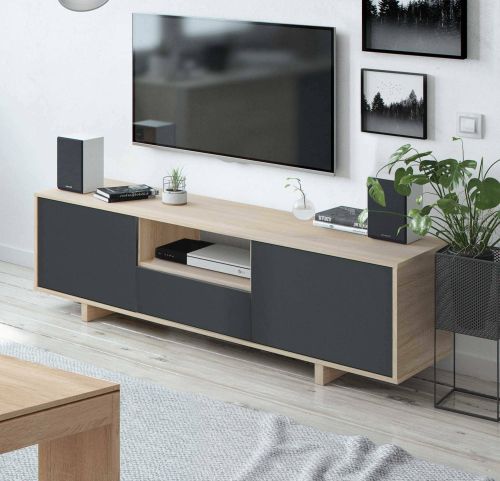 Mobile porta TV Visalia, Credenza per televisione da soggiorno, Supporto TV a 3 ante, Credenza bassa, 150x41h46 cm, Rovere