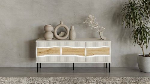 Mobile porta TV Vizela, Madia da salotto con ante battenti e vani interni, Con luci led, Rialzato da terra, 144x40 h62 cm, Beige e Rovere Nodi