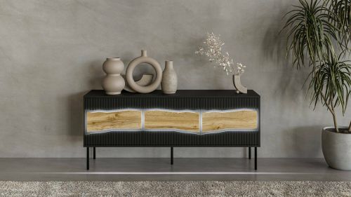 Mobile porta TV Vizela, Madia da salotto con tre ante battenti e tre vani interni, Con luci led, Rialzato da terra, 144x40 h62 cm, Nero e Rovere Nodi