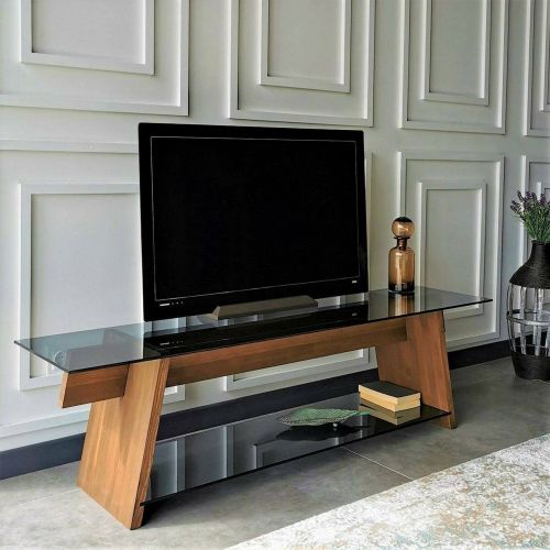 Mobile porta TV Zosma, Supporto per televisione da salotto, Credenza bassa da soggiorno, Base porta TV, 158x40h45 cm, Noce e Nero