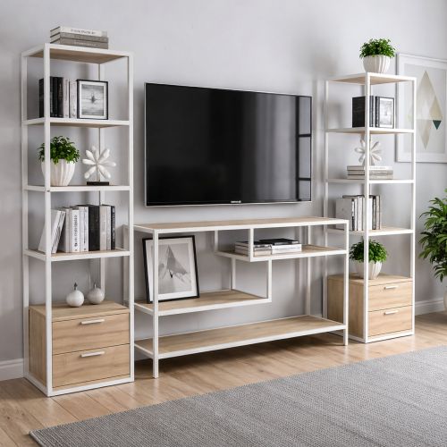 Mobile salotto 12 ripiani 198cm bianco e rovere - Felion