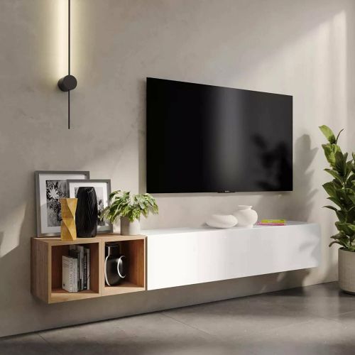 Mobile salotto in legno e metallo 194cm bianco lucido e rovere - Koguma