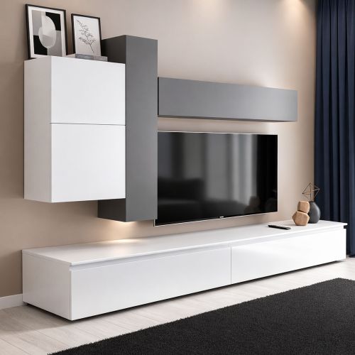 Mobile salotto in legno e metallo 276cm bianco lucido e ardesia - Anemolo