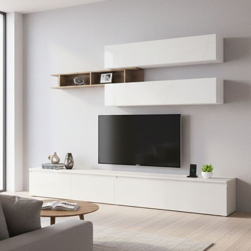 Mobile salotto moderno 276cm bianco lucido e rovere - Gilma