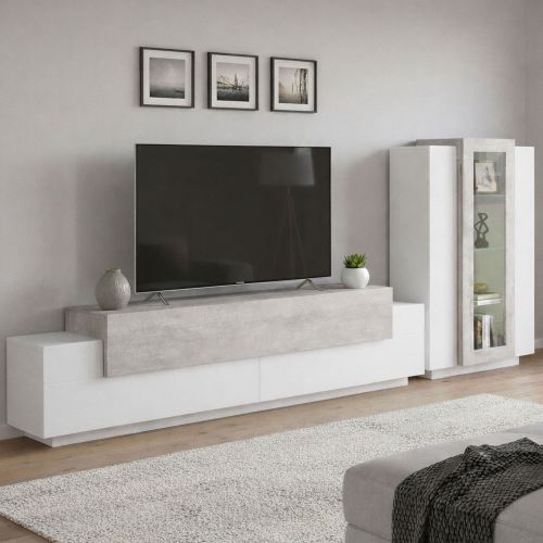 Mobile soggiorno con vetrina 280cm bianco lucido e cemento - Anisia