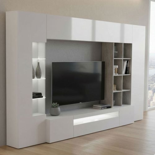 Mobile soggiorno con vetrina 290cm bianco lucido e cemento - Azuro