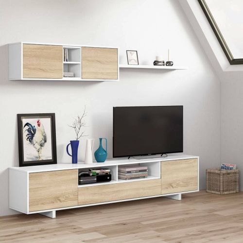 Mobile soggiorno in legno 200cm bianco lucido e rovere - Angora