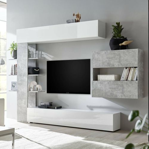 Mobile soggiorno in legno e metallo 295cm bianco lucido e cemento - Aragosta