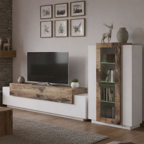 Mobile soggiorno in vetro e legno 280cm bianco lucido e acero - Anisia