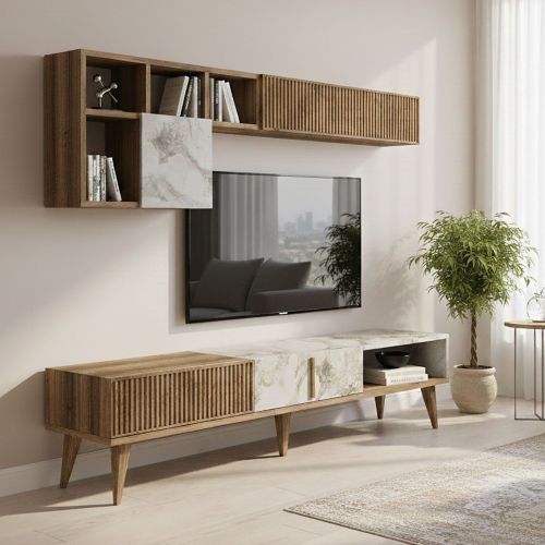 Mobile soggiorno smart 180cm noce e bianco marmo - Ostro