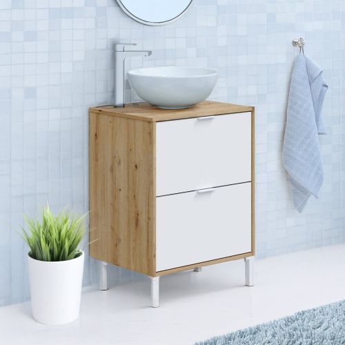 Mobile sottolavabo 2 cassetti 61x46x79h cm rovere nodi e bianco lucido - Lisbona
