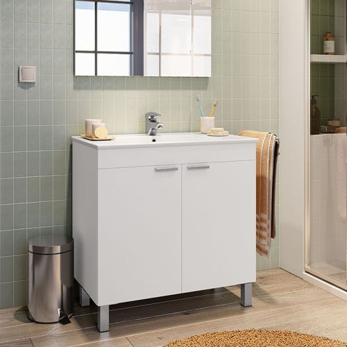 Mobile Sottolavabo Bianco Lucido 2 Ante Apertura Battente 80x45x80h cm, Piedini Alluminio - Massiola