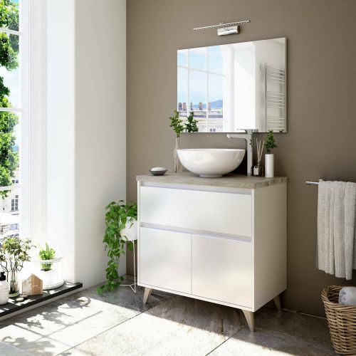 Mobile Sottolavabo Bianco Lucido Marrone Rovere un Cassetto Apertura Scorrevole 79x80x46h cm, Impermeabile - Furie