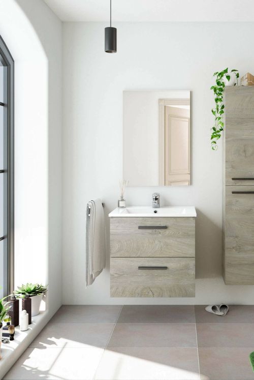 Mobile sottolavabo Fontana, Mobiletto per bagno a 2 cassetti, Armadietto sospeso con specchio, lavabo non incluso, 60x45h57 cm, Rovere