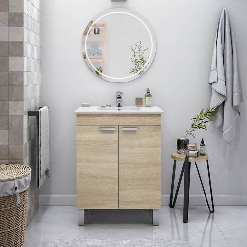 Mobile Sottolavabo Marrone Rovere 2 Ante Apertura Battente 60x45x80h cm, Piedini Alluminio - Polino
