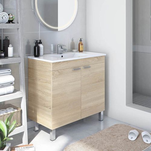 Mobile Sottolavabo Marrone Rovere 2 Ante Apertura Battente 80x45x80h cm, Piedini Alluminio - Massiola
