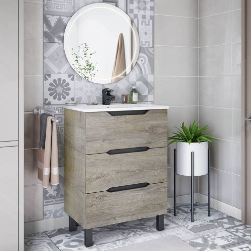 Mobile Sottolavabo Marrone Rovere Grigio Nero Antracite 3 Cassetti Soft Close 60x45x86h cm, Apertura Scorrevole - Sozop