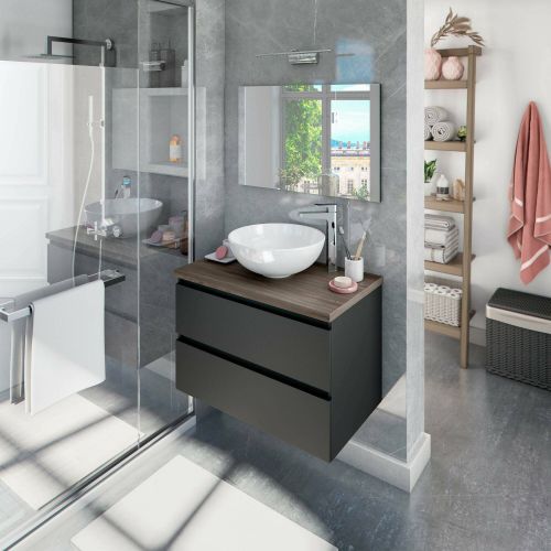 Mobile Sottolavabo Nero Antracite Marrone Noce Specchio Incluso 2 Cassetti 78.5x46x53h cm, Ante - Alakdan