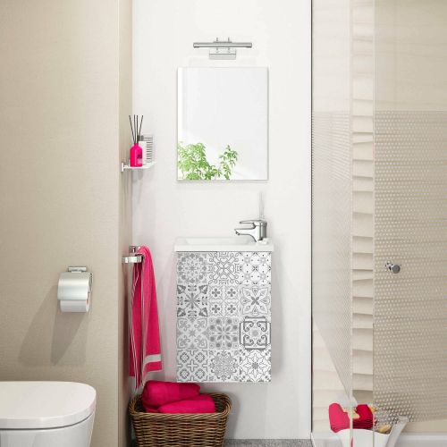 Mobile sottolavabo sospeso con specchio 40x58x22h cm bianco lucido e cemento - Akamaru