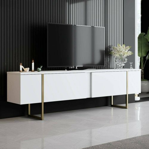 Mobile TV 180x30x50h cm Bianco e Oro con 2 Ante e Ripiano, Mobile Basso Salvaspazio in Legno e Metallo per Soggiorno Moderno – Abishia