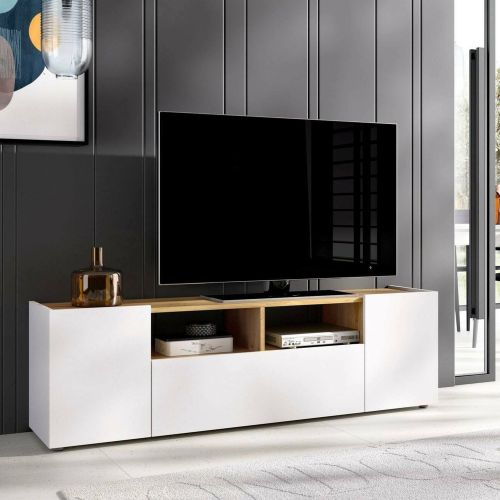 Mobile TV bianco e rovere nodi 141x34x43h cm 3 ante - Vulcano