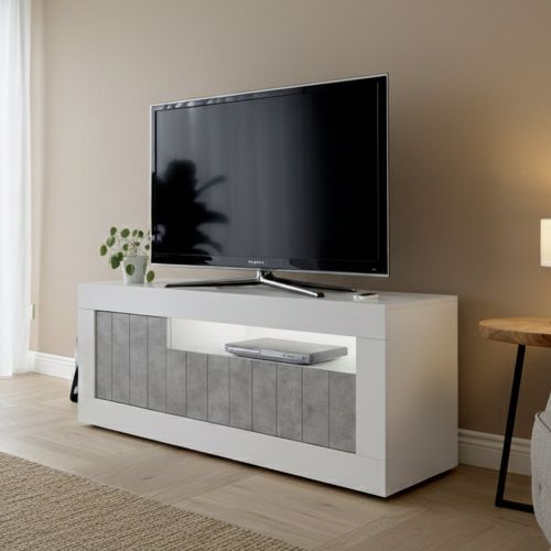 Mobile TV bianco lucido,cemento 138x42x56h cm 3 ante - Iole