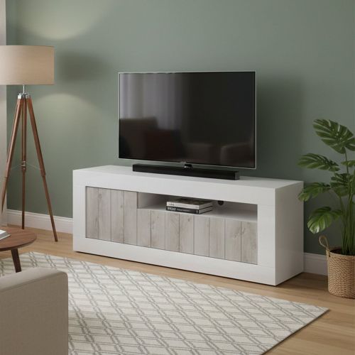 Mobile TV bianco lucido e acacia 138x42x56h cm 3 ante - Iole