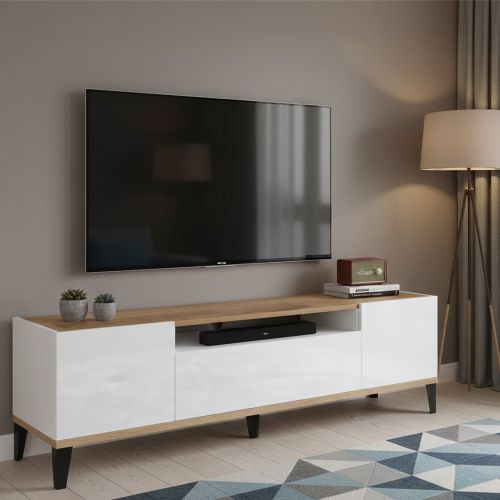 Mobile TV bianco lucido e acero 160x40x47h cm 2 ante e 1 cassetto - Argentoro