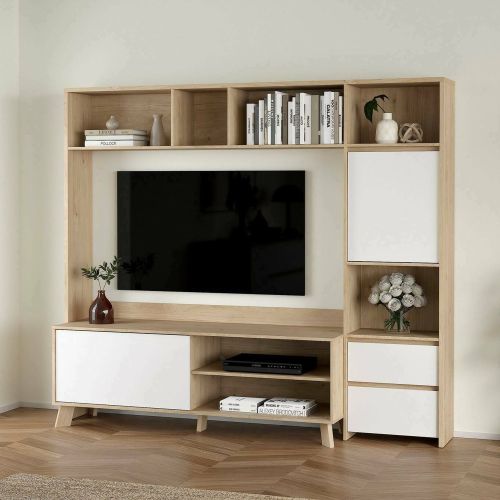 Mobile TV rovere e bianco lucido 208x48x182h cm 2 ante e 2 cassetti - Calabria