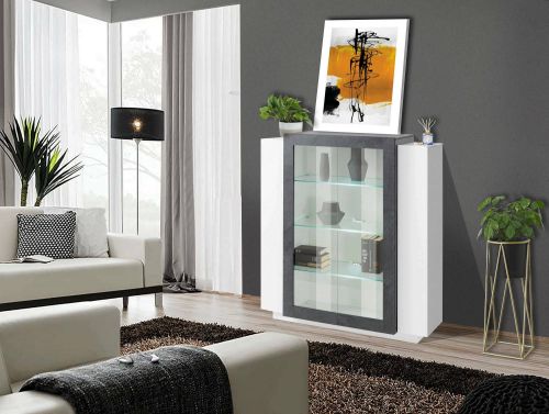 Mobile vetrina 2 ante 120x45x115h cm bianco lucido e ardesia - Austino
