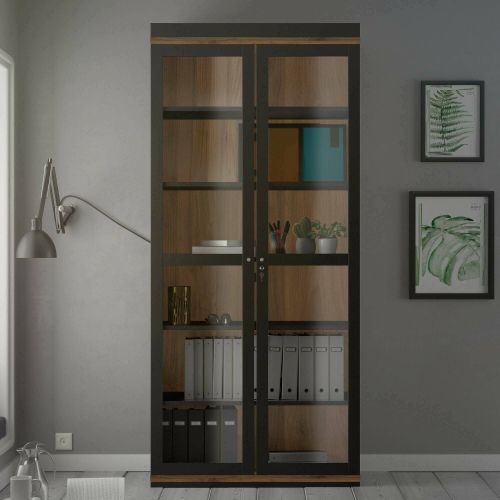 Mobile vetrina 2 ante 88x36x200h cm nero e noce - Axinte