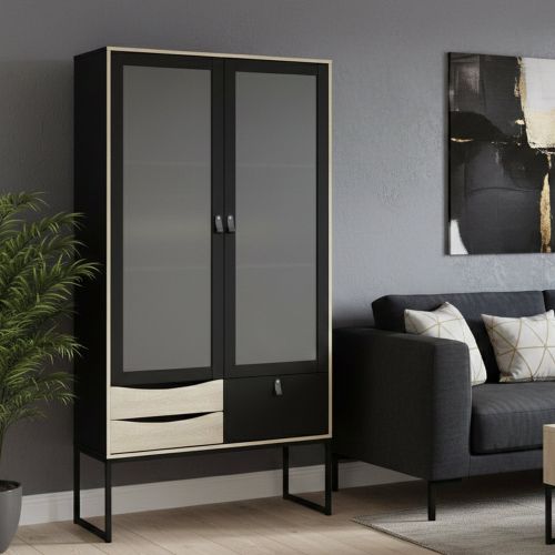 Mobile vetrina industrial 2 ante 98x40x189h cm nero e quercia - Barbata