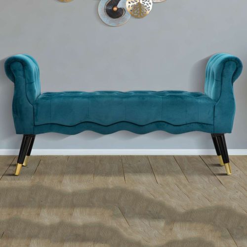 Panca blu Ottanio Nero in Velluto, con Braccioli e Dettagli Dorati Materiale Struttura in Tessuto 120x40x60h cm, Colore Seduta blu - Humahu