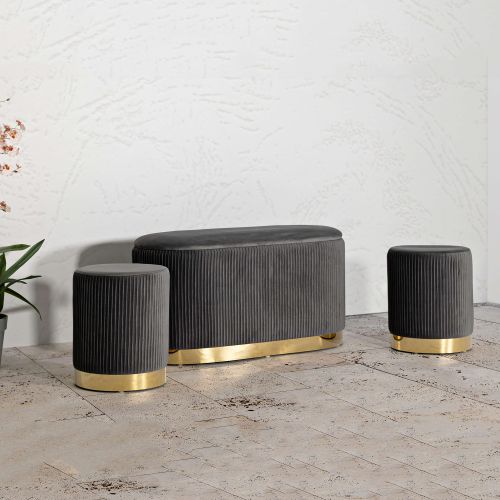 Panca Grigio Scuro oro con due Sgabelli, Panca Contenitore Materiale Struttura in Metallo 80x37x42h cm, Colore Seduta Grigio - Soroti