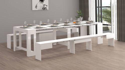 Panca Torquato, Set di 2 sedute per tavolo da pranzo, Panche allungabili, 290x25h45 cm, Bianco lucido