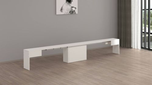 Panca Ubertino, Seduta per tavolo da pranzo, Panca singola allungabile, 290x25h45 cm, Bianco lucido