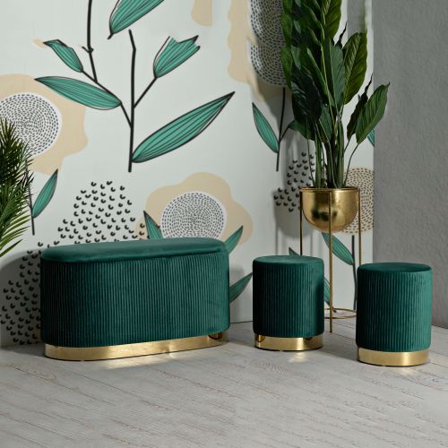 Panca Verde oro con due Sgabelli, Panca Contenitore Materiale Struttura in Metallo 80x37x42h cm, Colore Seduta Verde - Soroti