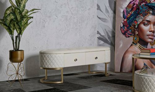 Panca Xingu, Panchina multiuso, Seduta per ospiti, Cassapanca multifunzione, 120x40 h43 cm, Bianco e Oro