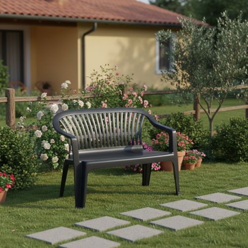Panchina da Esterno Nero Antracite 2 Posti Impilabile 114x55x82h cm, Braccioli Made in Italy - Asmi
