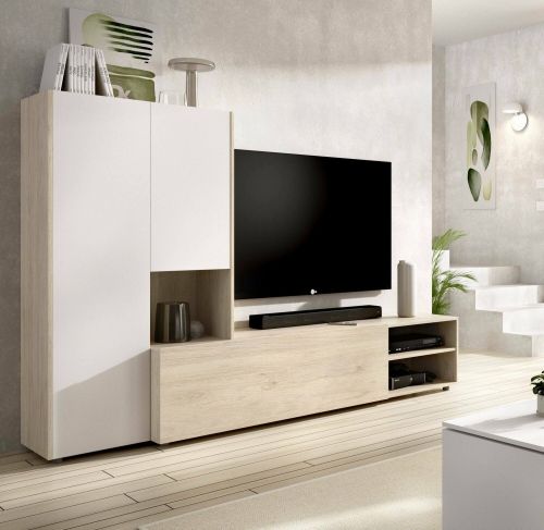 Parete attrezzata Ainos, Composizione soggiorno, Mobile salotto multiuso, Armadio porta TV, 227x40 h141 cm, Bianco e Rovere