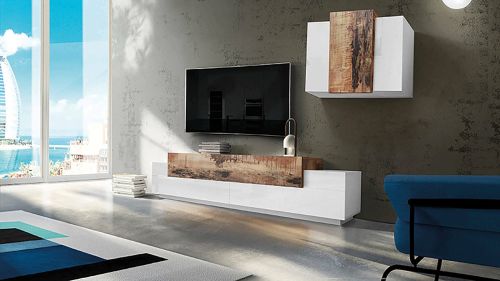 Parete attrezzata Alaskino, cm 240x45h180, Bianco lucido e Acero
